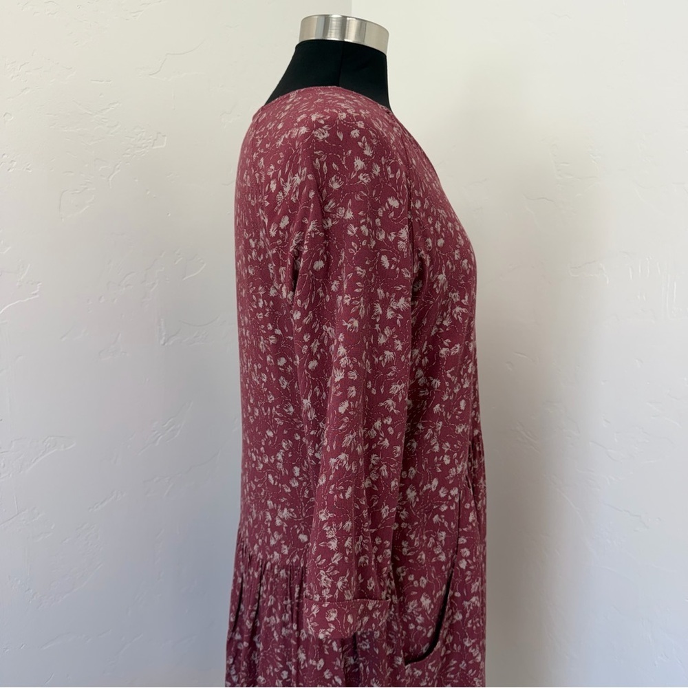 Garnet Hill Burgundy Floral V-Neck Babydoll Midi Dress Size 8 - Picture 8 of 14